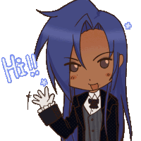 a cartoon drawing of a man with long blue hair says hi