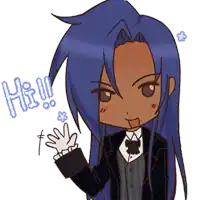 a cartoon drawing of a man with long blue hair says hi