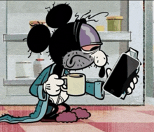 a cartoon of mickey mouse holding a cup of coffee and a cellphone