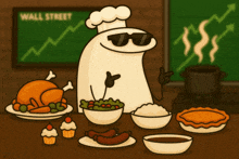 a cartoon drawing of a chef standing in front of a wall street graph