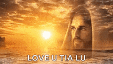 a picture of jesus in the water with the words love u tia lu above him .