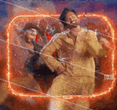 a group of men are dancing in front of a fire circle with hk written on the bottom