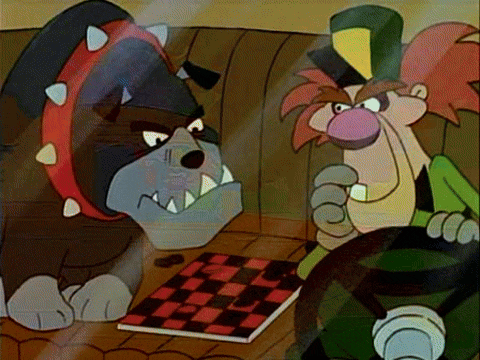 A dog catcher and his dog are playing draughts