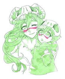 a drawing of a woman holding a child with horns