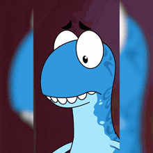 a cartoon drawing of a blue dinosaur with a sad look on its face