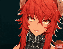 a close up of a red haired anime girl with horns