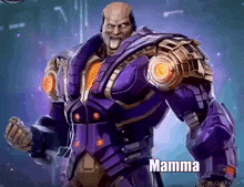 a man in a purple suit with mamma written on the bottom