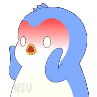 a blue and white penguin with a shirt that says ngu