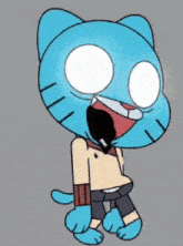 gumball from the amazing world of gumball is standing with his mouth open and his eyes are glowing .