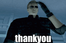 a man wearing sunglasses and a glove stands in front of a thank you sign