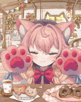 a girl with cat ears is sitting at a table with a cup of coffee and cookies