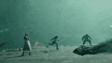 a group of people are running in a dark room .
