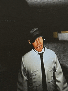 a man wearing a hat that says security is smiling