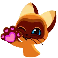 a cartoon cat with blue eyes and a paw with pink hearts on it