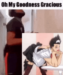 a man is standing next to a picture of a man in a maid dress .
