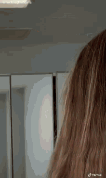 a woman 's hair is visible in front of a mirror in a room .