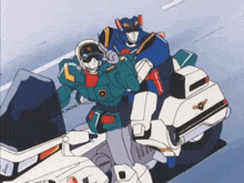 two robots are riding a motorcycle and one has the letter o on his chest