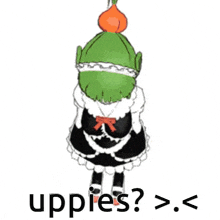 a cartoon girl with green hair and a carrot on her head is wearing a maid outfit and a maid hat .