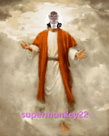 a painting of jesus with a monkey on his head and the name supermonkey22 on the bottom