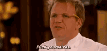 a man in a chef 's uniform is talking and saying `` fuck yourselfs '' .