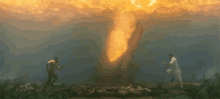 a man in a white shirt is standing in front of a large fireball in the ocean