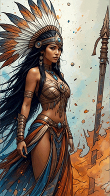 a woman in a native american headdress is holding a sword