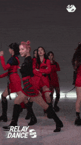 a group of girls are dancing with the words relay dance on the bottom