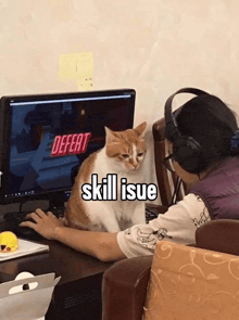 a cat sits on a person 's lap in front of a computer screen that says defeat skill issue .