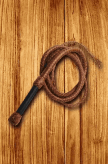 a brown whip with a black handle is sitting on a wooden surface