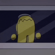 a yellow cartoon character is standing in front of a window .