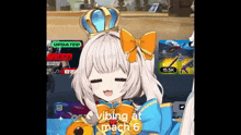 a girl with a crown on her head is playing a video game