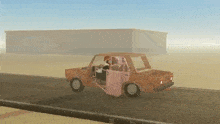 a cartoon character is driving a rusty car on a road .
