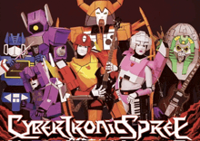 a group of robots standing next to each other with the words cybertronspree on the bottom