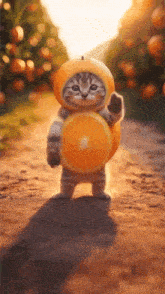 a cat wearing an orange slice on its head