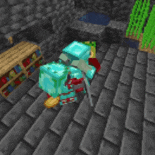 a minecraft character is standing on a set of stairs with a sword .