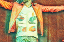 a painting of a man with his arms outstretched and a shirt that says chevrolet