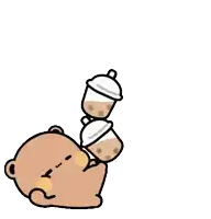 a cartoon of a teddy bear holding a stack of cups of tea .