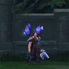 a man with a sword and shield stands in front of a wall with purple crystals