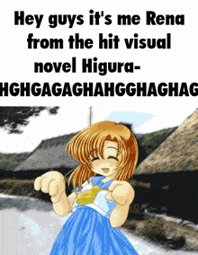 a poster that says hey guys it 's me rena from the hit visual novel higura- hghgagahahgghahgag