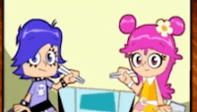 a couple of cartoon characters are sitting next to each other eating noodles .