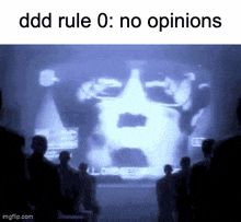 a group of people looking at a screen that says ddd rule 0 no opinions