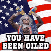 a man in an american flag costume is holding up two bottles of soda with the words you have been oiled below him