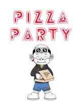 a cartoon character is holding a box of pizza with the words pizza party written above him