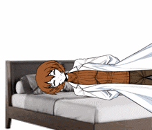 a girl in a lab coat is laying on a bed with her eyes closed