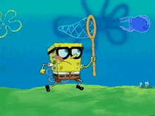 a cartoon of spongebob holding a fishing net in the water