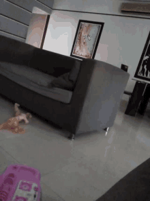 a couch in a living room with a picture on the wall