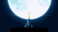 a cartoon character is standing in front of a large white moon