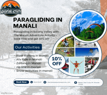 an advertisement for paragliding in manali with a 10 % discount