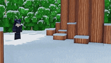 a minecraft character is standing in the snow in front of a wooden fence .