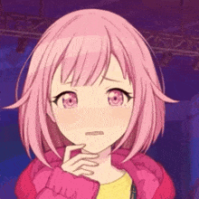 a girl with pink hair and pink eyes is wearing a pink jacket and yellow shirt .